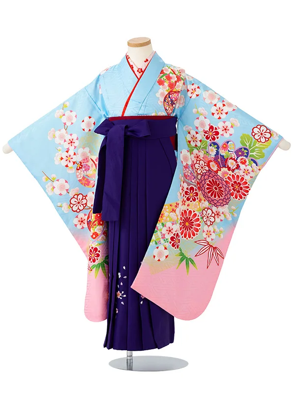 女児卒園袴【刺繍袴】まりに梅　ブルー