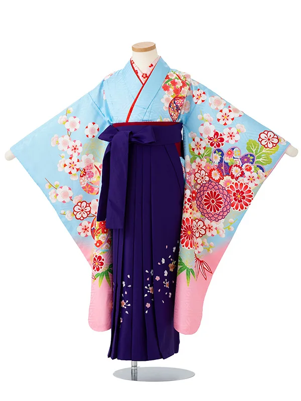 女児卒園袴【刺繍袴】まりに梅　ブルー