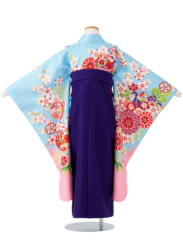 女児卒園袴【刺繍袴】まりに梅　ブルー