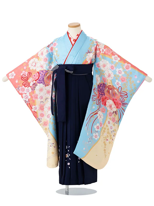 女児卒園袴【刺繍袴】まりに桜　ブルー