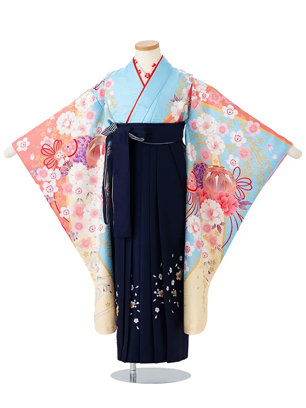 女児卒園袴【刺繍袴】まりに桜　ブルー
