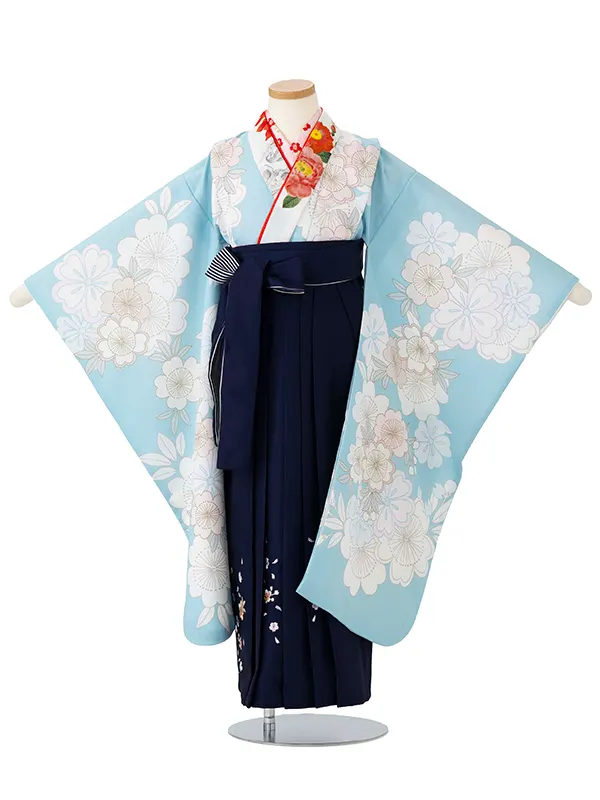 女児卒園袴【刺繍袴】梅に桜　ブルー