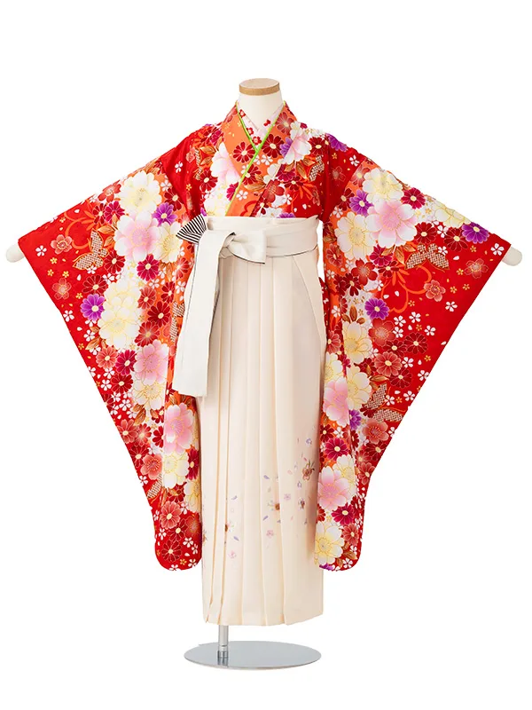 女児卒園袴【刺繍袴】雪輪にぼたん　朱赤