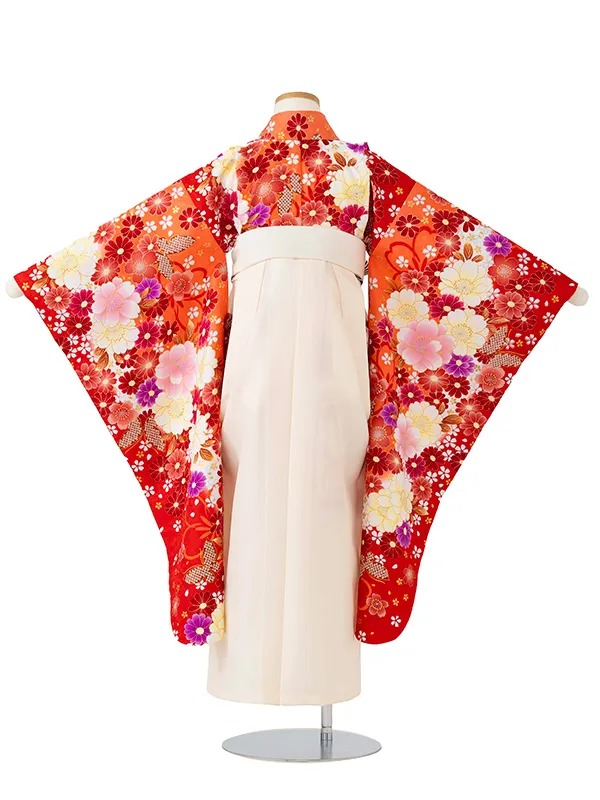 女児卒園袴【刺繍袴】雪輪にぼたん　朱赤