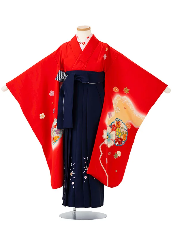 女児卒園袴【正絹】【刺繍袴】【手描友禅】雪輪にぼたん　赤