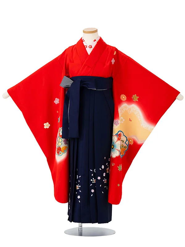女児卒園袴【正絹】【刺繍袴】【手描友禅】雪輪にぼたん　赤