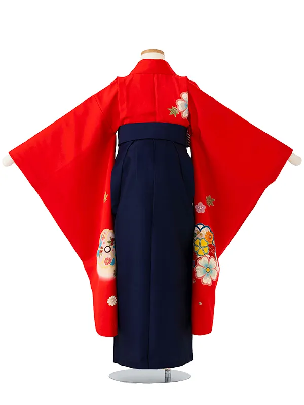 女児卒園袴【正絹】【刺繍袴】【手描友禅】雪輪にぼたん　赤