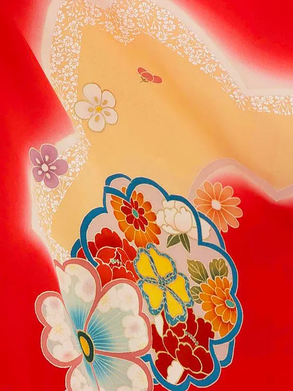 女児卒園袴【正絹】【刺繍袴】【手描友禅】雪輪にぼたん　赤