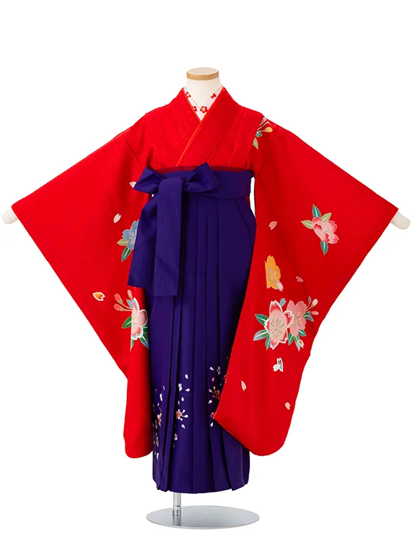 女児卒園袴【正絹】【刺繍袴】【手描友禅】ぼたん花　赤