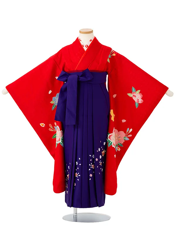女児卒園袴【正絹】【刺繍袴】【手描友禅】ぼたん花　赤