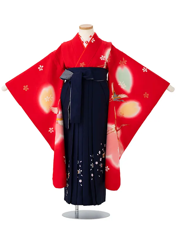 女児卒園袴【正絹】【刺繍袴】【手描友禅】飛翔鶴　赤