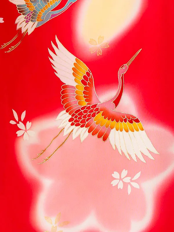 女児卒園袴【正絹】【刺繍袴】【手描友禅】飛翔鶴　赤