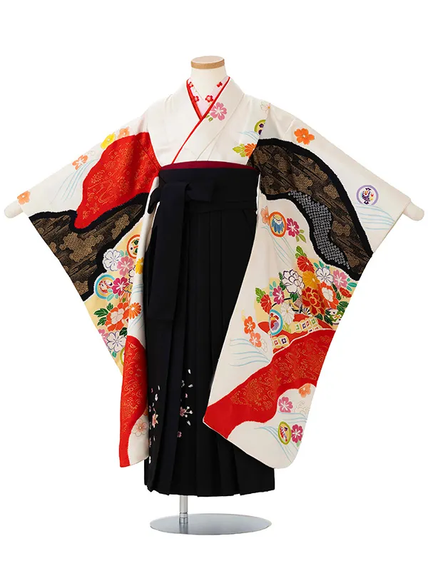 女児卒園袴【正絹】【刺繍袴】【手描友禅】【本絞り】花車　白