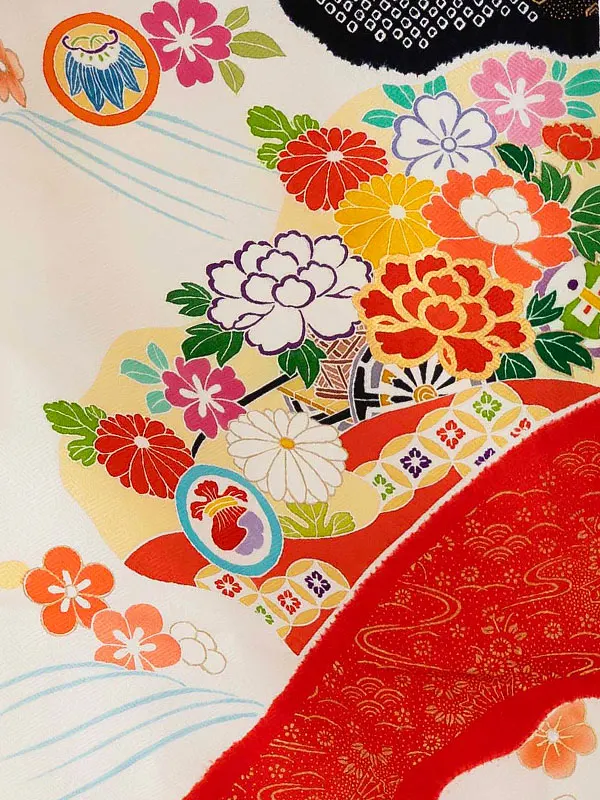 女児卒園袴【正絹】【刺繍袴】【手描友禅】【本絞り】花車　白