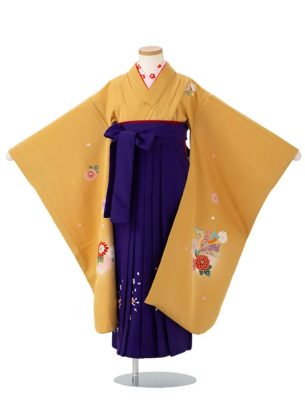 女児卒園袴【正絹】【刺繍袴】【手描友禅】熨斗　黄土