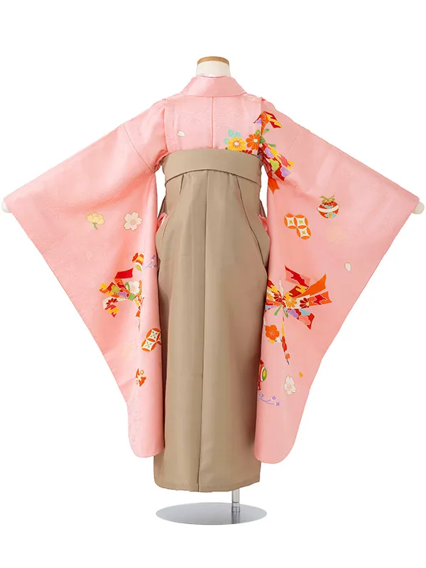 女児卒園袴【正絹】【刺繍袴】【手描友禅】鈴に熨斗　ピンク