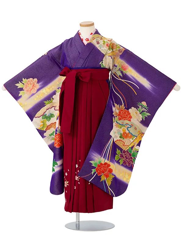 女児卒園袴【正絹】【刺繍袴】【手描友禅】扇面にぼたん　パープル