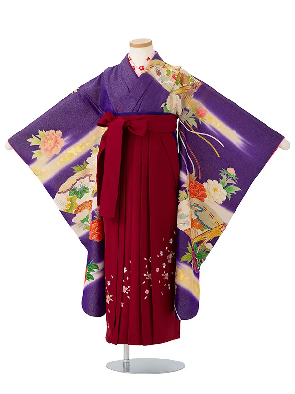 女児卒園袴【正絹】【刺繍袴】【手描友禅】扇面にぼたん　パープル