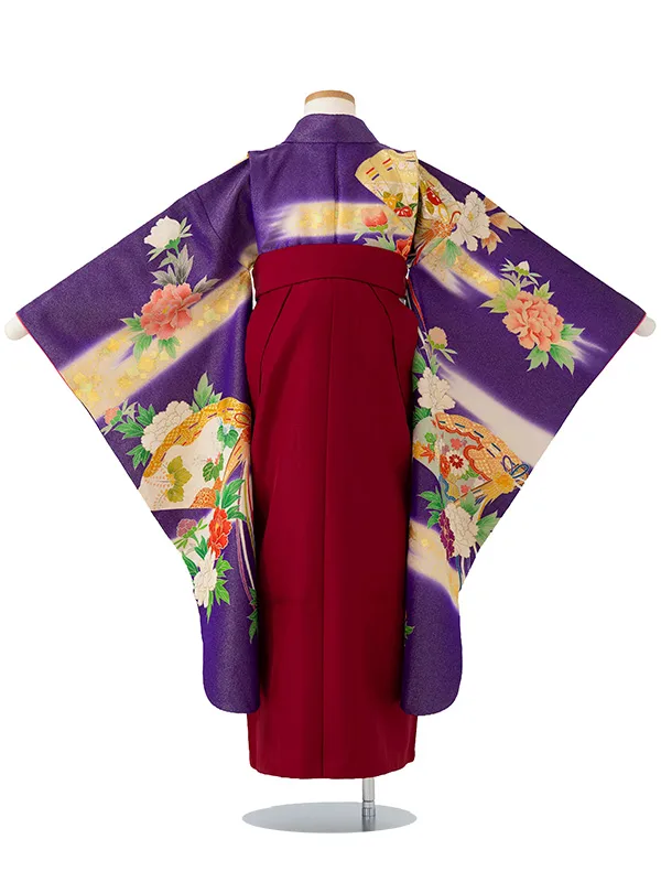女児卒園袴【正絹】【刺繍袴】【手描友禅】扇面にぼたん　パープル