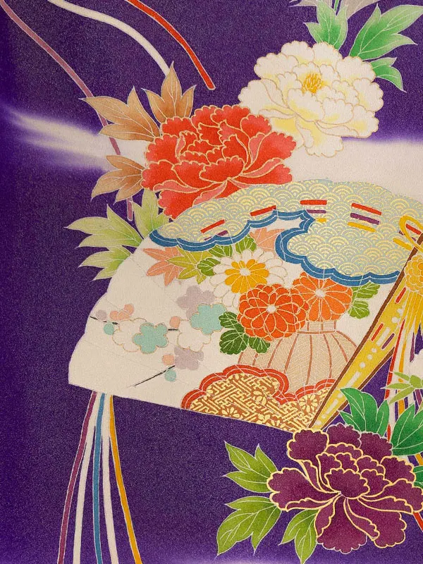 女児卒園袴【正絹】【刺繍袴】【手描友禅】扇面にぼたん　パープル