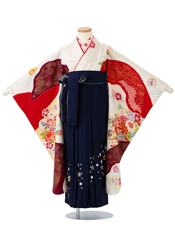 女児卒園袴【正絹】【刺繍袴】【手描友禅】【本絞り】花車　白