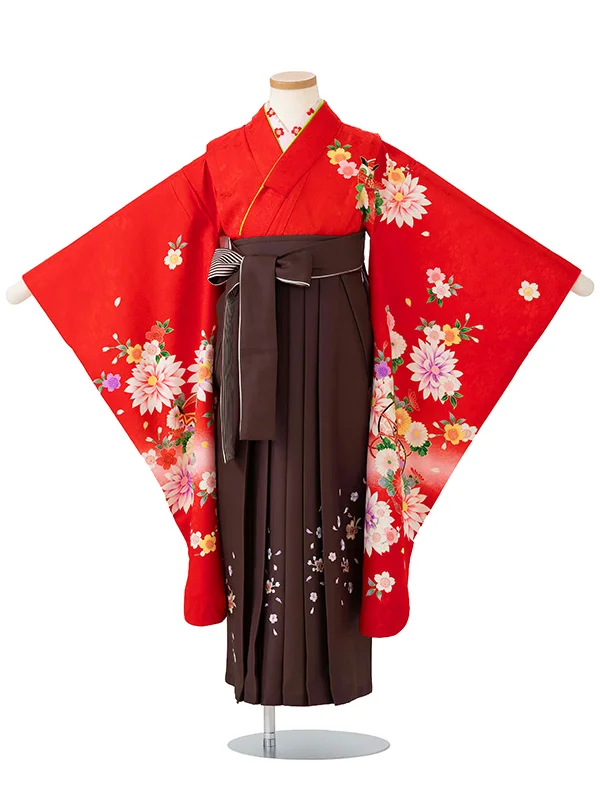 女児卒園袴【正絹】【刺繍袴】鼓にダリア　赤