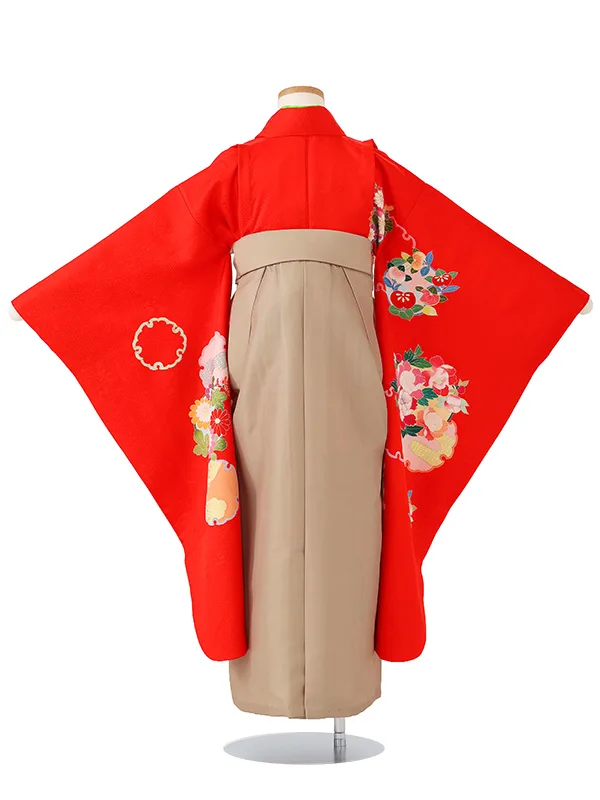 女児卒園袴【正絹】【刺繍袴】【手描友禅】ぼたんに雪輪　赤