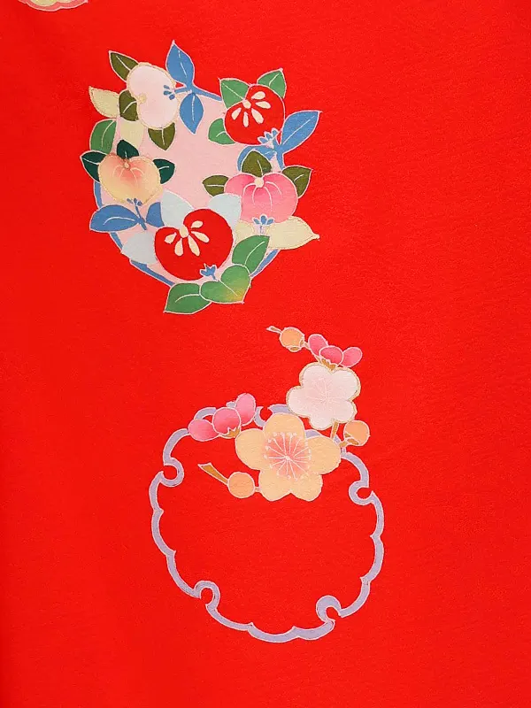 女児卒園袴【正絹】【刺繍袴】【手描友禅】ぼたんに雪輪　赤