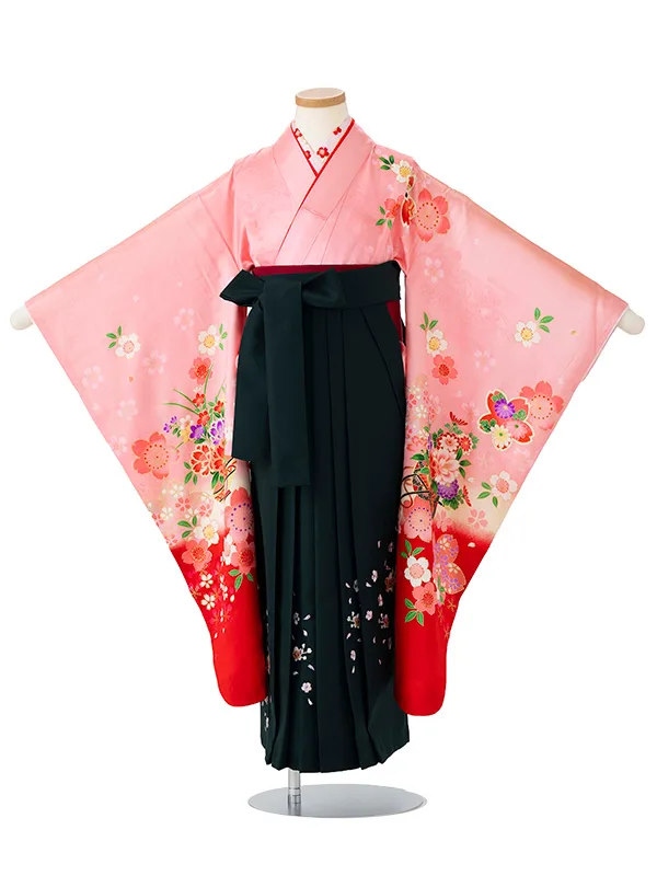 女児卒園袴【正絹】【刺繍袴】花車に梅　ピンク