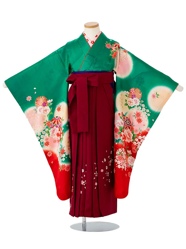 女児卒園袴【正絹】【刺繍袴】まりに小桜　グリーン