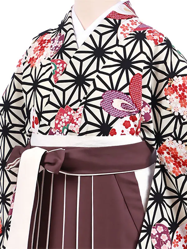 卒業袴レンタル A052 ベージュさくら葉文×茶ストライプ袴