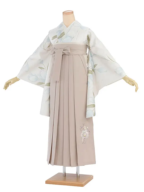 卒業袴レンタル A373 白地紗綾型文チューリップ×淡ベージュ刺繍袴