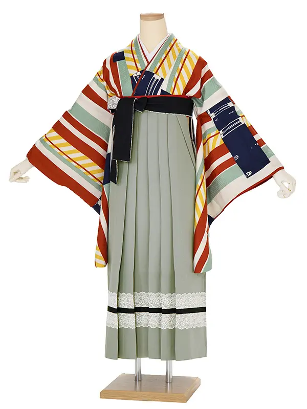 卒業袴レンタル A417 アイボリー地紗綾形文縦縞×グレーレース袴