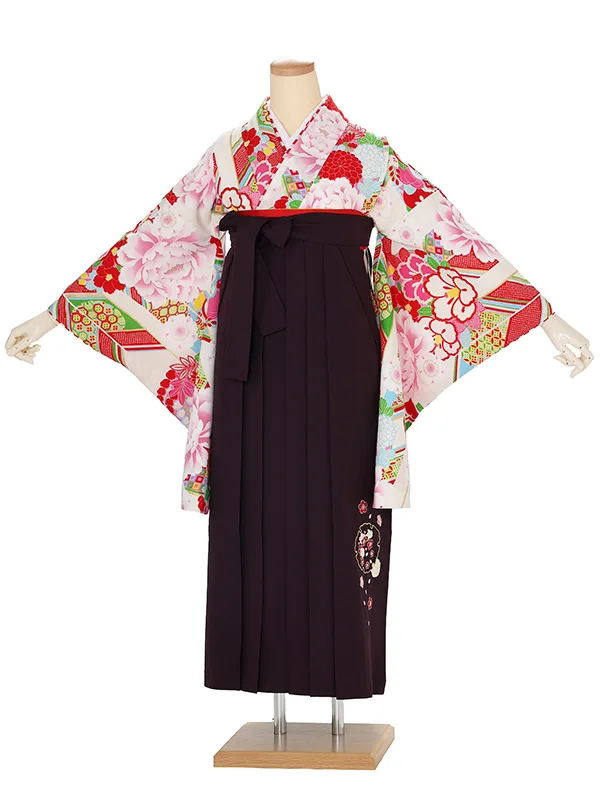 卒業袴レンタル A443 白地花づくし×濃紫小花袴