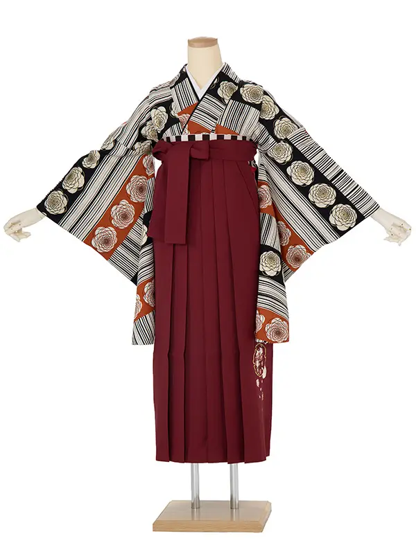 卒業袴レンタル A480 白地ばらモダン×エンジ小花袴