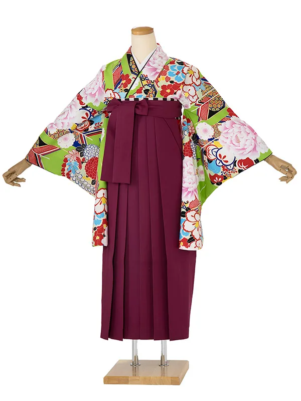 卒業袴レンタル A483 黄緑地花づくし×エンジ袴