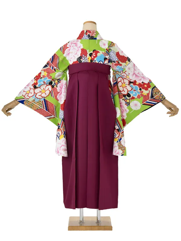 卒業袴レンタル A483 黄緑地花づくし×エンジ袴
