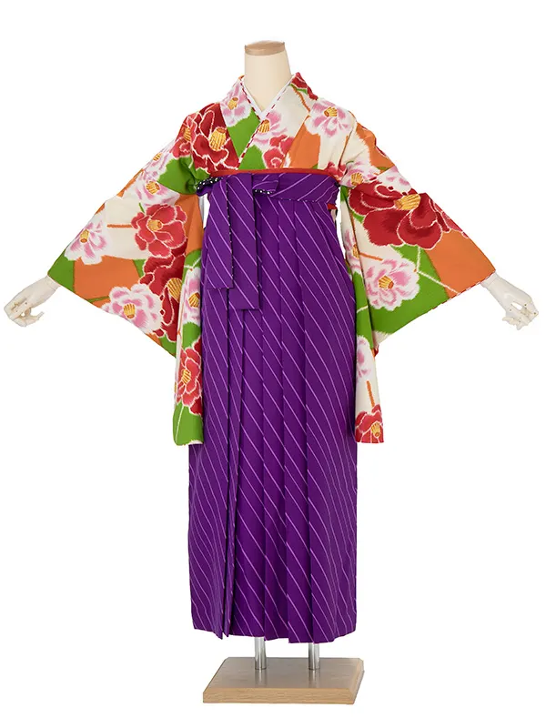 卒業袴レンタル A490 オレンジ地椿づくし×紫斜めストライプ袴