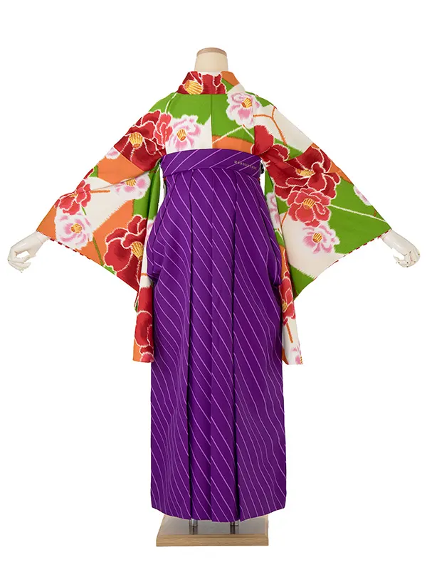 卒業袴レンタル A490 オレンジ地椿づくし×紫斜めストライプ袴