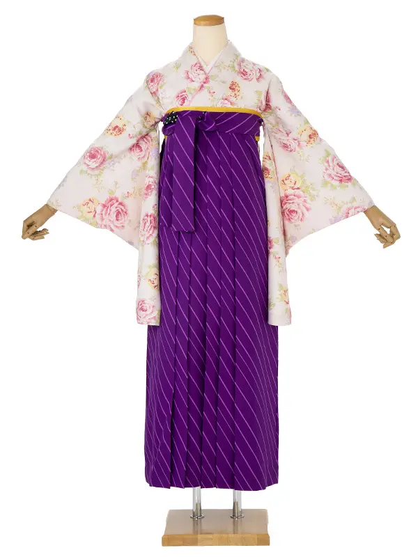 卒業袴レンタル A493 淡ピンク地ばら文ばら×紫斜めストライプ袴