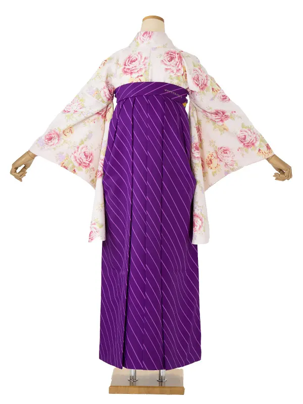 卒業袴レンタル A493 淡ピンク地ばら文ばら×紫斜めストライプ袴