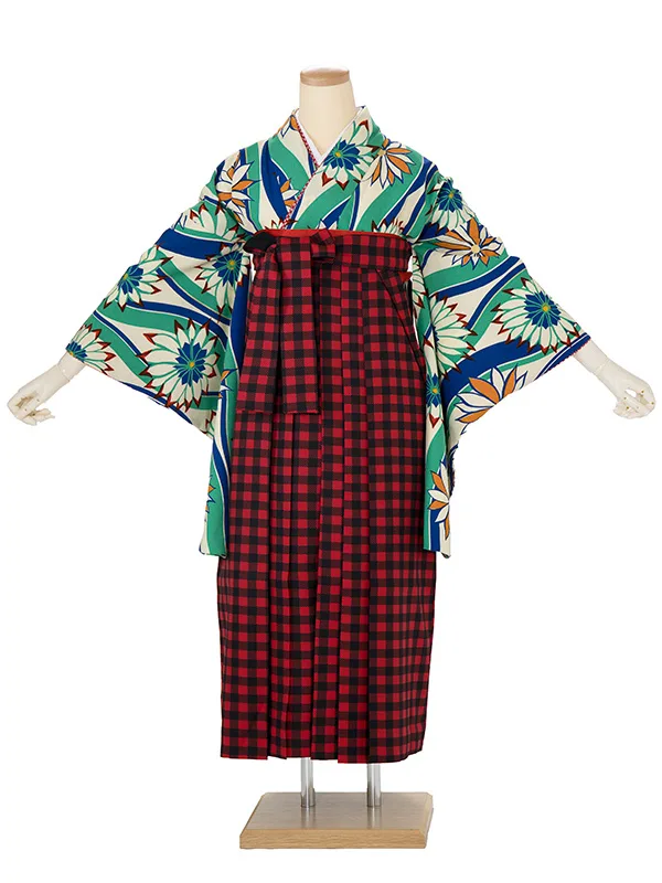 卒業袴レンタル A497 クリーム地流水菊×赤チェック袴