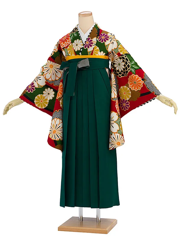 卒業袴レンタル A520 赤地よろけ菊×緑袴