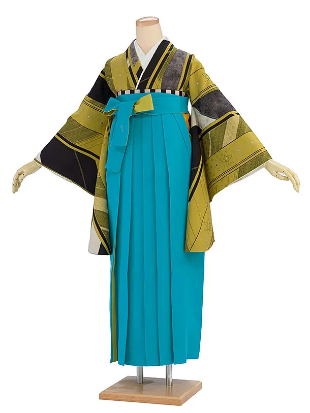 卒業袴レンタル A558 からし地水玉文閃光×水色袴