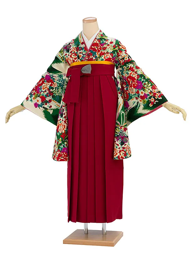 卒業袴レンタル A571 緑地ブーケ×レンガ袴