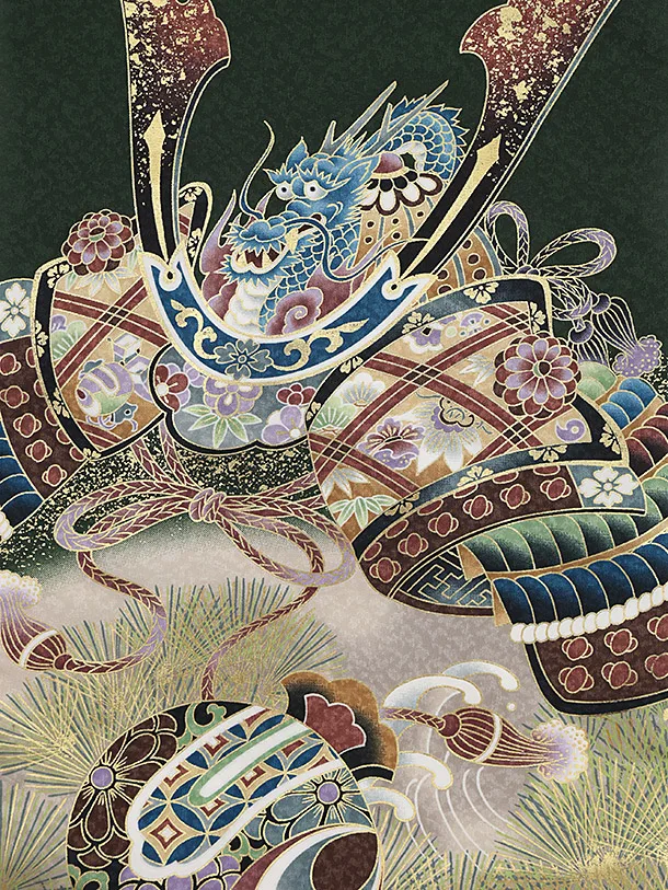 男児産着 お宮参りレンタル 1363 緑地かぶと松