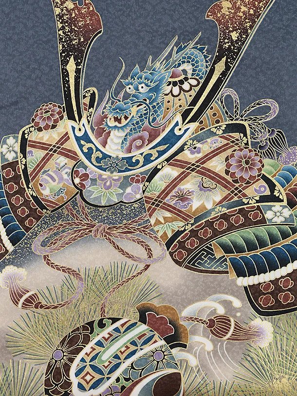 男児産着 お宮参りレンタル 1364 グレー地かぶと松