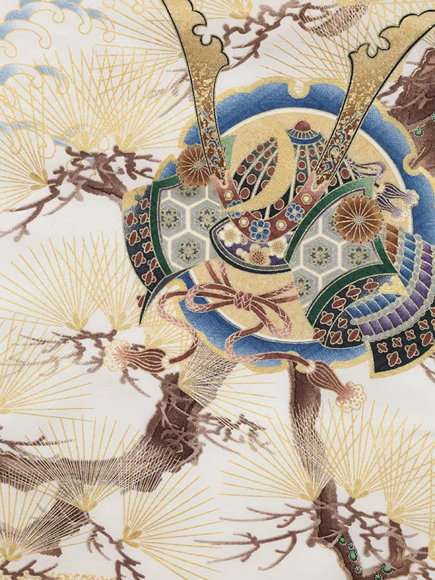 男児産着 お宮参りレンタル 1371 白地菱形文鷹かぶと松