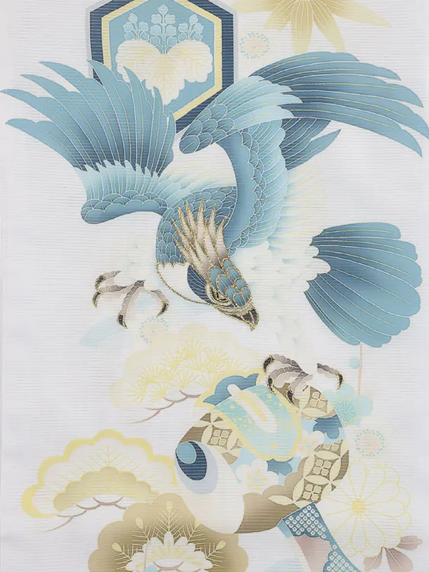 男児産着 お宮参りレンタル 1375 白地鷹松【夏用・絽】