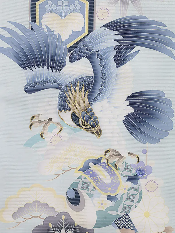 男児産着 お宮参りレンタル 1376 淡青地鷹松【夏用・絽】